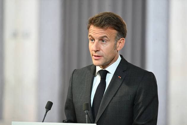 Press Conference of Emmanuel Macron and Mark Carney - Paris France s President Emmanuel Macron pictured during a press conference ahead of a bilateral meeting with Canada s Prime Minister at the Elysee Presidential Palace, in Paris, France on June 12, 2026. Photo by Eric Tschaen Pool ABACAPRESS.COM paris France  Copyright: xTschaenxEric Pool ABACAx