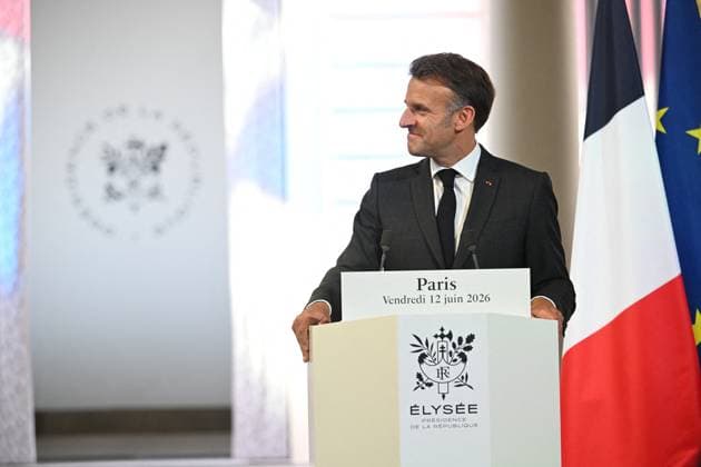 Press Conference of Emmanuel Macron and Mark Carney - Paris France s President Emmanuel Macron pictured during a press conference ahead of a bilateral meeting with Canada s Prime Minister at the Elysee Presidential Palace, in Paris, France on June 12, 2026. Photo by Eric Tschaen Pool ABACAPRESS.COM paris France  Copyright: xTschaenxEric Pool ABACAx
