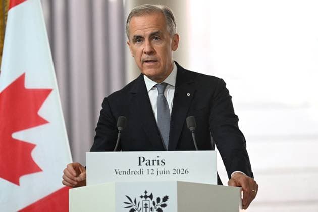 Press Conference of Emmanuel Macron and Mark Carney - Paris Canada s Prime Minister Mark Carney pictured during a press conference ahead of a bilateral meeting with France s President at the Elysee Presidential Palace, in Paris, France on June 12, 2026. Photo by Eric Tschaen Pool ABACAPRESS.COM paris France  Copyright: xTschaenxEric Pool ABACAx