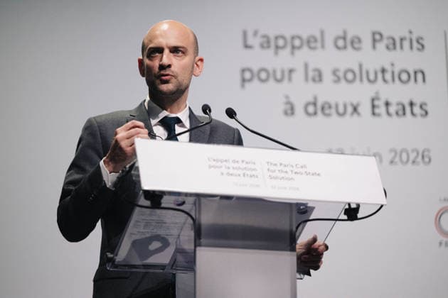 Press conference during the Paris Call for the Two-State Solution - Paris France s Minister for Foreign Affairs Jean-Noel Barrot at a press conference during the Paris Call for the Two-State Solution with Israeli and Palestinian civil society groups at the Insitut du Monde Arabe - IMA (Institute of the Arab World) in Paris, France on June 12, 2026. France is hosting this international meeting, attended by ministers from Brazil, Canada, the United Arab Emirates and Turkey, as well as the EU s High Representative for Foreign Affairs, following its recognition of the State of Palestine in 2025. French Foreign Minister Barrot reiterated Paris support for the two-state solution, stating that this year could be decisive at the close of the con  Copyright: xCampionexGregoire Pool ABACAx