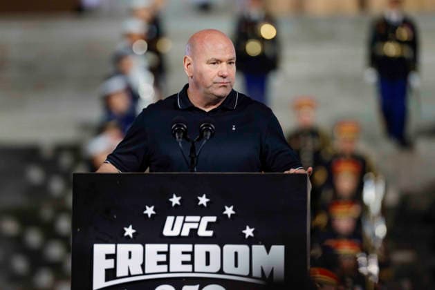 UFC President and CEO Dana White speaks during the UFC Freedom 250 press conference at the Lincoln Memorial in Washington, DC on Friday, June 12, 2026. President Donald Trump is hosting a series of fighting matches on the South Lawn on Flag Day and his 80th birthday, June 14, in honor of America s 250th birthday.  WASP20260612716 SHAWNxTHEW
