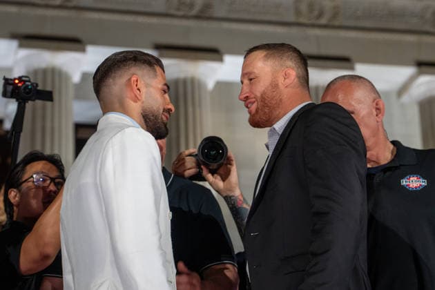 Ultimate Fighting Championship (UFC) fighters Ilia Topuria (L) and Justin Gaethje (R) face off at a news conference at the Lincoln Memorial ahead of the planned UFC Freedom250 fight in Washington, DC, on Friday, June 12, 2026. UFC CEO Dana White had to separate the fighters after some shoving during the face-off.  WASP20260612749 ANDREWxLEYDEN