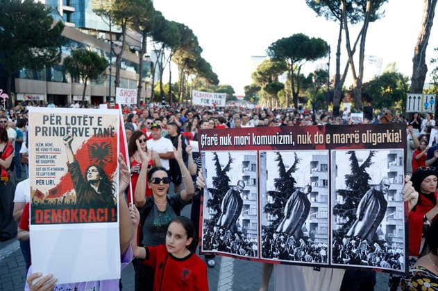 Protest against the construction of a luxury resort in Tirana, Albania. Protesters hold signs and Albanian national flags as they take part in a demonstration in front of the prime minister s office in Tirana on June 12, 2026, opposing the construction of a luxury resort in a protected natural area near the city of Vlore. Several thousand citizens demonstrated in Tirana for the 13th consecutive night to demand transparency on a luxury tourism complex project in the protected area of Narta Lagoon in the city of Vlore linked to US President Donald Trump s son-in-law Jared Kushner and his wife, Ivanka Trump. The project was planned for two areas along the Adriatic coast, the protected delta area of Vjosa-Narta and the nearby uninhabited island Copyright: xLightxStudioxAgencyx xMaltonxDibrax