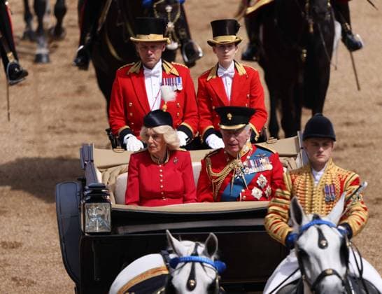 Queen Camilla, King Charles III at The King™s Birthday Parade, Trooping The Colour, takes places on Horse Guard™s Parade as The King™s Company, 1st Battalion Grenadier Guards, troop their colour in front of King Charles III. 1,350 soldiers, The Household Division and the King s Troop Royal Horse Artillery were in attendance, A flypast took place along The Mall and over Buckingham Palace, and included aircraft old and new, and was completed by the famous Red Arrows. Trooping The Colour, London, 13th June, 2026.  .