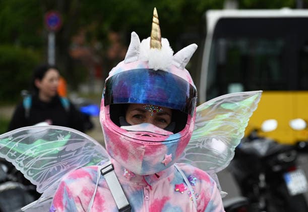 Bikers rally for road safety in Berlin BERLIN , GERMANY - JUNE 13: A motorcycle rider wearing a costume participates in the More Attention for Bikers ride rally in Berlin, Germany, on June 13, 2026. The event seeks to raise awareness of motorcycle safety, advocate for safer road conditions, and ensure that the interests of bikers are considered in transportation policy. Volodymyr Sindieiev Anadolu Berlin Germany. Editorial use only. Please get in touch for any other usage.  Copyright: x2026xAnadoluxVolodymyrxSindieievx
