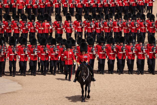 The King™s Birthday Parade, Trooping The Colour, takes places on Horse Guard™s Parade as The King™s Company, 1st Battalion Grenadier Guards, troop their colour in front of King Charles III. 1,350 soldiers, The Household Division and the King s Troop Royal Horse Artillery were in attendance, A flypast took place along The Mall and over Buckingham Palace, and included aircraft old and new, and was completed by the famous Red Arrows. Trooping The Colour, London, 13th June, 2026.  .