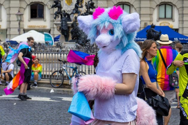 Augsburg, Bavaria, Germany June 13, 2026: Participants carrying rainbow flags and wearing colorful costumes take part in Christopher Street Day (CSD) in Augsburg. The parade through the city center promotes the rights of LGBTQ+ people as well as social diversity and tolerance. A participant in a fursuit costume *** Teilnehmerinnen und Teilnehmer mit Regenbogenflaggen und bunten Kostümen nehmen am Christopher Street Day (CSD) in Augsburg teil. Der Demonstrationszug durch die Innenstadt wirbt für die Rechte von LGBTQ+-Menschen sowie für gesellschaftliche Vielfalt und Toleranz. Eine Teilnehmerin oder ein Teilnehmer in einem Fursuit-Kostüm