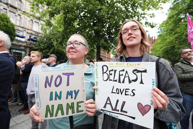 Anti-racism protest in Belfast BELFAST, NORTHERN IRELAND - JUNE 13: Thousands gather for anti-racism rally, after violence erupted across the city this week as the businesses and vehicles were targeted in Belfast, Northern Ireland on June 13, 2026. Conor McCaughley Anadolu Belfast Ireland. Editorial use only. Please get in touch for any other usage.  Copyright: x2026xAnadoluxConorxMcCaughleyx
