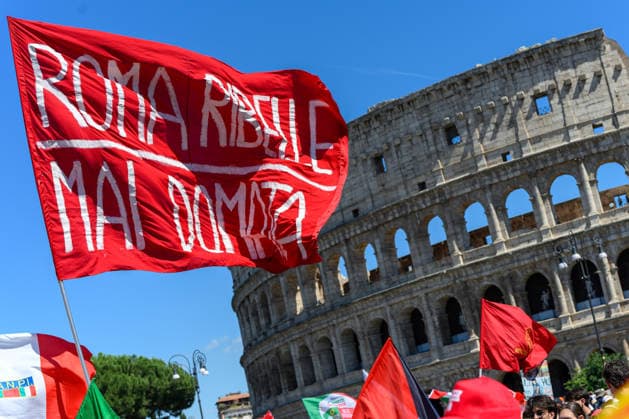 People take part in an anti-fascist demonstration in central Rome, as they march against a rally organised by right-wing groups advocating remigration in Rome June 13, 2026. AndreaxStaccioli
