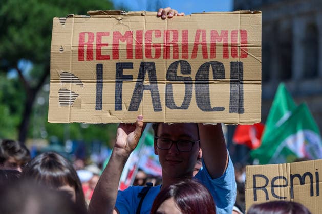 People take part in an anti-fascist demonstration in central Rome, as they march against a rally organised by right-wing groups advocating remigration in Rome June 13, 2026. AndreaxStaccioli