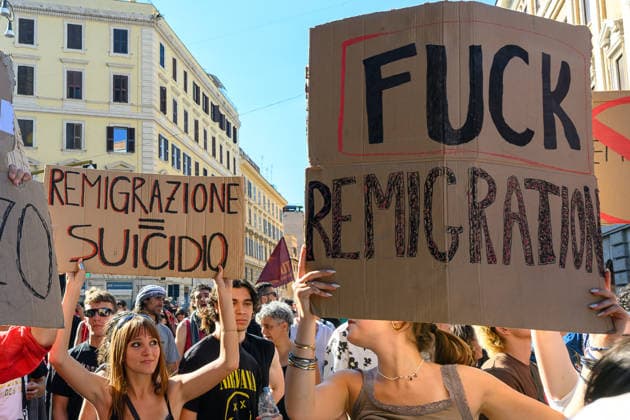 People take part in an anti-fascist demonstration in central Rome, as they march against a rally organised by right-wing groups advocating remigration in Rome June 13, 2026. AndreaxStaccioli
