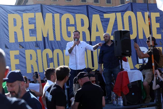 IPA85651931 - Rome, Italy, June 13, 2026: Luca Marsella of CasaPound. Far-right participants from all over Italy march in the Remigration rally through the Prati neighborhood during the event organized by the Remigration and Reconquest committee. The march, which began in the afternoon at Piazza della LibertÃ , passed through Via Cola di Rienzo and ended at Piazza Risorgimento. The event was organized in support of a proposed citizens™ initiative bill on remigration.  Copyright: xmarcoxiacobuccix xmarcoxiacobuccix 85651931