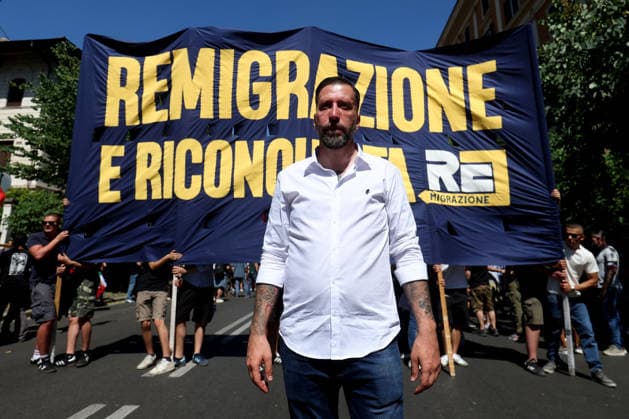 IPA85651821 - Rome, Italy, June 13, 2026: Luca Marsella of CasaPound. Far-right participants from all over Italy march in the Remigration rally through the Prati neighborhood during the event organized by the Remigration and Reconquest committee. The march, which began in the afternoon at Piazza della LibertÃ , passed through Via Cola di Rienzo and ended at Piazza Risorgimento. The event was organized in support of a proposed citizens™ initiative bill on remigration.  Copyright: xmarcoxiacobuccix xmarcoxiacobuccix 85651821
