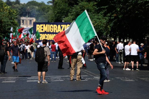 IPA85651853 - Rome, Italy, June 13, 2026: Far-right participants from across Italy march in the remigration rally through the Prati neighborhood during the demonstration organized by the Remigration and Reconquest committee. The march, which began in the afternoon at Piazza della LibertÃ , passed through Via Cola di Rienzo and ended at Piazza Risorgimento. The event was organized in support of a proposed citizens™ initiative bill on remigration.  Copyright: xmarcoxiacobuccix xmarcoxiacobuccix 85651853