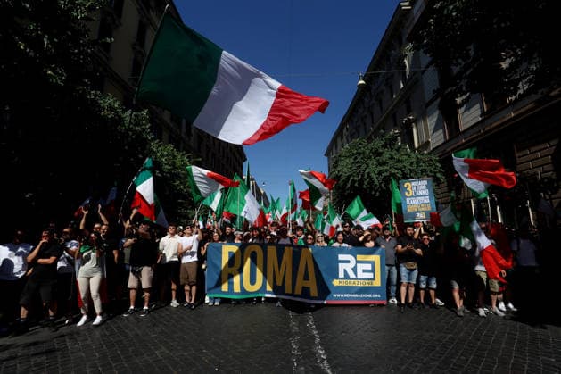 IPA85651859 - Rome, Italy, June 13, 2026: Far-right participants from across Italy march in the remigration rally through the Prati neighborhood during the demonstration organized by the Remigration and Reconquest committee. The march, which began in the afternoon at Piazza della LibertÃ , passed through Via Cola di Rienzo and ended at Piazza Risorgimento. The event was organized in support of a proposed citizens™ initiative bill on remigration.  Copyright: xmarcoxiacobuccix xmarcoxiacobuccix 85651859