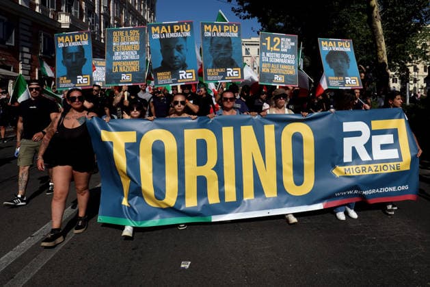 IPA85651911 - Rome, Italy, June 13, 2026: Far-right participants from across Italy march in the remigration rally through the Prati neighborhood during the event organized by the Remigration and Reconquest committee. The march, which began in the afternoon at Piazza della LibertÃ , passed through Via Cola di Rienzo and ended at Piazza Risorgimento. The event was organized in support of a proposed citizens™ initiative bill on remigration.  Copyright: xmarcoxiacobuccix xmarcoxiacobuccix 85651911