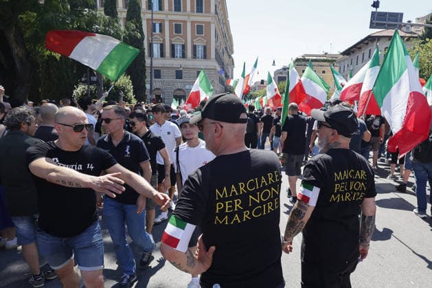 Anti-immigration demonstration in Rome ROME, ITALY, JUNE 13: Protesters attend an anti-immigration demonstration in Rome, Italy, on June 13, 2026. Thousands of people took part in a march organized by the far-right movement Remigration and Reconquest in support of a popular legislative proposal aimed, according to the organizers, at tackling irregular immigration and safeguarding national identity. Chants praising Benito Mussolini and anti-Muslim slogans were also heard during the demonstration. Riccardo De Luca Anadolu Rome Italy. Editorial use only. Please get in touch for any other usage.  Copyright: x2026xAnadoluxRiccardoxDexLucax