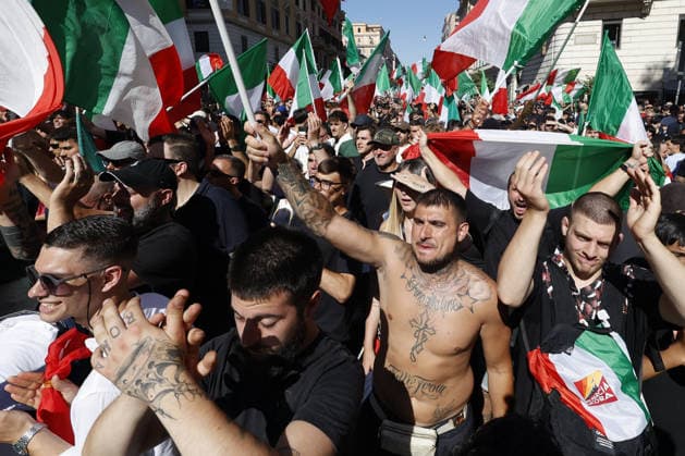 Anti-immigration demonstration in Rome ROME, ITALY, JUNE 13: Protesters wave tricolour Italian flags during an anti-immigration demonstration in Rome, Italy, on June 13, 2026. Thousands of people took part in a march organized by the far-right movement Remigration and Reconquest in support of a popular legislative proposal aimed, according to the organizers, at tackling irregular immigration and safeguarding national identity. Chants praising Benito Mussolini and anti-Muslim slogans were also heard during the demonstration. Riccardo De Luca Anadolu Rome Italy. Editorial use only. Please get in touch for any other usage.  Copyright: x2026xAnadoluxRiccardoxDexLucax