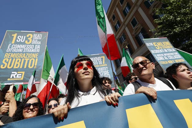 Anti-immigration demonstration in Rome ROME, ITALY, JUNE 13: Protesters attend an anti-immigration demonstration in Rome, Italy, on June 13, 2026. Thousands of people took part in a march organized by the far-right movement Remigration and Reconquest in support of a popular legislative proposal aimed, according to the organizers, at tackling irregular immigration and safeguarding national identity. Chants praising Benito Mussolini and anti-Muslim slogans were also heard during the demonstration. Riccardo De Luca Anadolu Rome Italy. Editorial use only. Please get in touch for any other usage.  Copyright: x2026xAnadoluxRiccardoxDexLucax