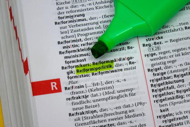 Duden with the marked lettering Reformpolitik Duden with the marked lettering Reformpolitik, 12 06 2026, Borkwalde, Brandenburg, In a Duden the lettering Reformpolitik was highlighted with a marker