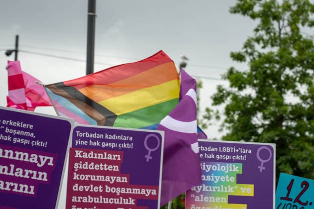 June 13, 2026, Istanbul, Istanbul, Turkey: Women s, LGBTQ+ and children s rights organizations gathered to protest the government s proposed 12th Judicial Reform Package, holding a press statement against what they describe as a measure that would restrict fundamental rights and freedoms. Speakers criticized provisions related to alimony, custody, mediation in cases involving violence, LGBTQ+ rights, children s rights and social media regulations, arguing that the package would increase state control over private life and weaken existing legal protections. The groups called for the complete withdrawal of the proposal and reaffirmed their commitment to defending equal rights, freedom and a life free from violence. Istanbul Turkey  - ZUMAt171 20260613_zip_t171_043 Copyright: xAbdullahxTepelix