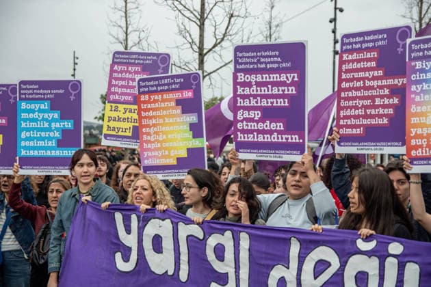 June 13, 2026, Istanbul, Istanbul, Turkey: Women s, LGBTQ+ and children s rights organizations gathered to protest the government s proposed 12th Judicial Reform Package, holding a press statement against what they describe as a measure that would restrict fundamental rights and freedoms. Speakers criticized provisions related to alimony, custody, mediation in cases involving violence, LGBTQ+ rights, children s rights and social media regulations, arguing that the package would increase state control over private life and weaken existing legal protections. The groups called for the complete withdrawal of the proposal and reaffirmed their commitment to defending equal rights, freedom and a life free from violence. Istanbul Turkey - ZUMAt171 20260613_zip_t171_044 Copyright: xAbdullahxTepelix