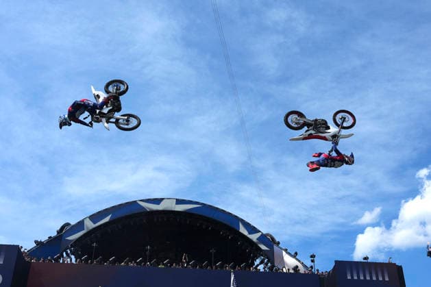 Motorsports athletes and stunt performers do a motorcycle jump ahead of the UFC Freedom 250 fights on the South Lawn of the White House in Washington, DC on Saturday, June 13, 2026.  WASP20260613109 AlexxBrandon