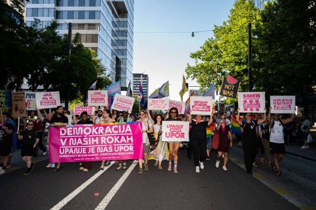 Participants March in Ljubljana Pride Parade 2026 Participants take part in the Ljubljana Pride Parade in Ljubljana, Slovenia, on June 13, 2026. The march through the city center marked the culmination of the annual Ljubljana Pride Festival, bringing together members of the LGBTQ+ community and supporters to advocate for equality, inclusion, and human rights. This year s festival was held under the slogan Democracy in Our Hands Hope is Our Resistance. Ljubljana Slovenia  Copyright: xNikxErikxNeubauerx pride007.JPEG