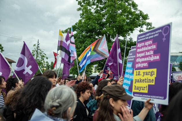 June 13, 2026, Istanbul, Istanbul, Turkey: Women s, LGBTQ+ and children s rights organizations gathered to protest the government s proposed 12th Judicial Reform Package, holding a press statement against what they describe as a measure that would restrict fundamental rights and freedoms. Speakers criticized provisions related to alimony, custody, mediation in cases involving violence, LGBTQ+ rights, children s rights and social media regulations, arguing that the package would increase state control over private life and weaken existing legal protections. The groups called for the complete withdrawal of the proposal and reaffirmed their commitment to defending equal rights, freedom and a life free from violence. Istanbul Turkey - ZUMAt171 20260613_zip_t171_048 Copyright: xAbdullahxTepelix