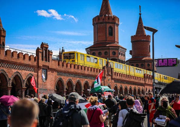 June 13, 2026, Berlin, Berlin, Germany: Demonstrators march through the streets of Berlin, Germany, protesting against the expansion of police surveillance technologies, biometric monitoring systems, facial recognition tools, and the use of artificial intelligence in law enforcement on June 13, 2026. Participants carried banners, flags, umbrellas, and symbolic props, including representations of surveillance cameras, while voicing concerns over privacy rights, state monitoring, and civil liberties. The demonstration was monitored by Berlin police as protesters gathered at several locations across the city demanding greater protections against digital surveillance and data collection. Berlin Germany  - ZUMAa268 20260613_zip_a268_005 Copyright: xAbdelrahmanxAlkahloutx