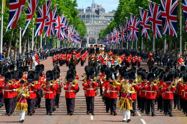 (260614) -- LONDON, June 14, 2026 -- Members of the Household Division march during the Trooping the Colour parade to honour Britain s King Charles III on his official birthday in London, Britain, on June 13, 2026. (Photo by Xinhua) BRITAIN-LONDON-KING-BIRTHDAY-PARADE RayxTang 