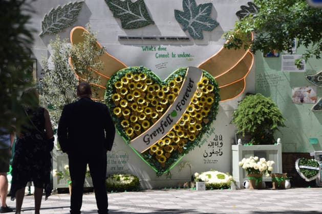 June 14, 2026, London, England, United Kingdom: People gather at the memorial wall next to Grenfell Tower on the ninth anniversary of the disaster. 72 people died when a fire broke out in the block of flats in North Kensington in 2017. London United Kingdom - ZUMAv130 20260614_zip_v130_010 Copyright: xVukxValcicx