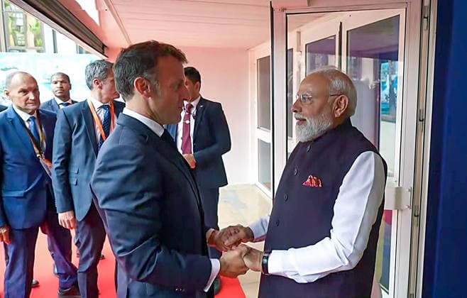 RECORD DATE NOT STATED PM Modi meets French President Emmanuel Macron Nice France , Jun 14 (ANI): Prime Minister Narendra Modi meets French President Emmanuel Macron, in Nice on Sunday. (DD ANI Video Grab) Nice France Copyright: xANIx ANI_20260614140