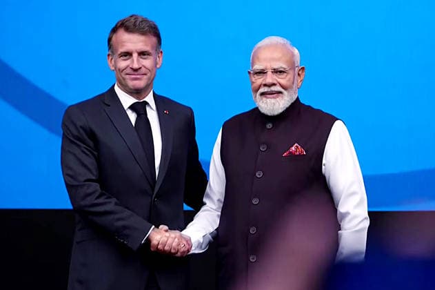 RECORD DATE NOT STATED PM Modi exchanges a handshake with French President Emmanuel Macron Nice France , Jun 14 (ANI): Prime Minister Narendra Modi exchanges a handshake with French President Emmanuel Macron before the joint inauguration of the Bharat Innovates event, in Nice on Sunday. (DD ANI Video Grab) Nice France Copyright: xANIx ANI_20260614148