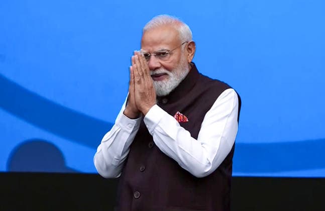 RECORD DATE NOT STATED PM Modi and French President Emmanuel Macron jointly inaugurate the Bharat Innovates event Nice France , Jun 14 (ANI): Prime Minister Narendra Modi greets during the inauguration of the Bharat Innovates event, in Nice on Sunday. (DD ANI Video Grab) Nice France Copyright: xANIx ANI_20260614171