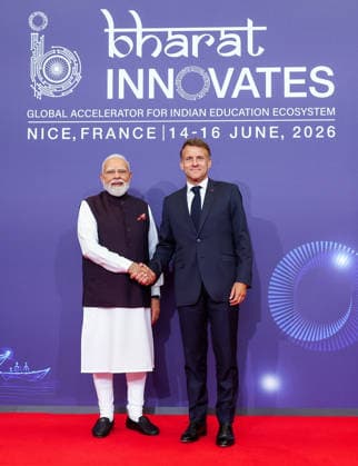RECORD DATE NOT STATED PM Modi and French President Emmanuel Macron jointly inaugurate the Bharat Innovates event Nice France , Jun 14 (ANI): Prime Minister Narendra Modi exchanges a handshake with French President Emmanuel Macron before the joint inauguration of the Bharat Innovates event, in Nice on Sunday. (Narendra Modi Photo Gallery ANI Photo) Nice France Copyright: xANIx ANI_20260614183