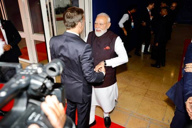 Macron Modi Bharat Innovates PHOTOPQR NICE MATIN Dylan Meiffret Nice 14 06 2026 Le president Francais Emmanuel Macron est accueilli par le premier ministre Indien Narendra Modi au salon bharat innovates au palais des expositions a Nice, France, june 14th 2026 French President Emmanuel Macron is welcomed by Indian Prime Minister Narendra Modi at the Bharat Innovations trade fair at the exhibition center in Nice Nice France  Copyright: xPHOTOPQR NICExMATIN MAXPPPxDylanxMeiffretx 20260614NIM0739 20260614NIM0761