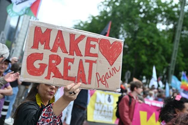 People take the streets for an European demonstration against militarisation under the slogan For social justice and against war , organised by Stop Militarisation platform in Brussels, Sunday 14 June 2026.  EMILExWINDAL 177625553