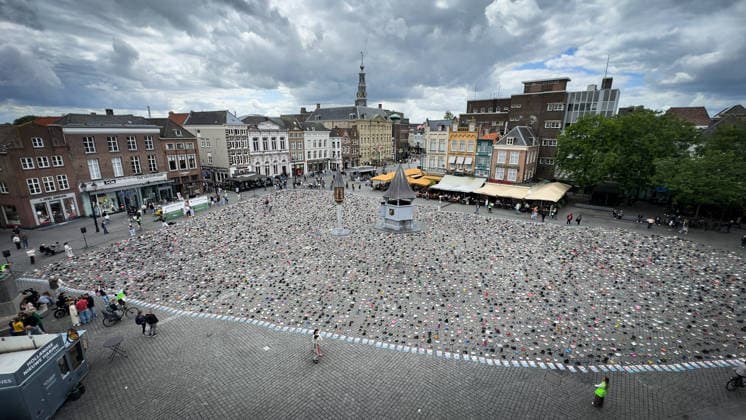 Commemoration in Bosch for Palestinian children and journalists killed by Israel BOSCH, NETHERLANDS - JUNE 14: Photographs and names of journalists killed in the Israeli attacks on Gaza, and thousands of children’s shoes are displayed during a commemoration event held for Palestinian children and journalists killed in Israel’s attacks on Gaza in Bosch, Netherlands on June 14, 2026. Organized by the Plant an Olive Tree Foundation in Markt Square in the city center of Den Bosch, the event honored Palestinian children and journalists who lost their lives in Israeli attacks in Gaza. Abdullah Asiran Anadolu Bosch Netherlands. Editorial use only. Please get in touch for any other usage.  Copyright: x2026xAnadoluxAbdullahxAsiranx