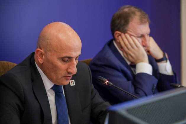 ARMENIA, YEREVAN - JUNE 14, 2026: President of the Central Election Commission of Armenia Vahagn Hovakimyan (L) and Secretary of the Central Election Commission of Armenia Armen Smbatyan are seen in the offices of the Central Electoral Commission of Armenia during the announcement of the results of the 2026 Armenian parliamentary election Yerevan Armenia  - ZUMAt113 20260614_zaa_t113_099 Copyright: xAlexanderxPatrinx