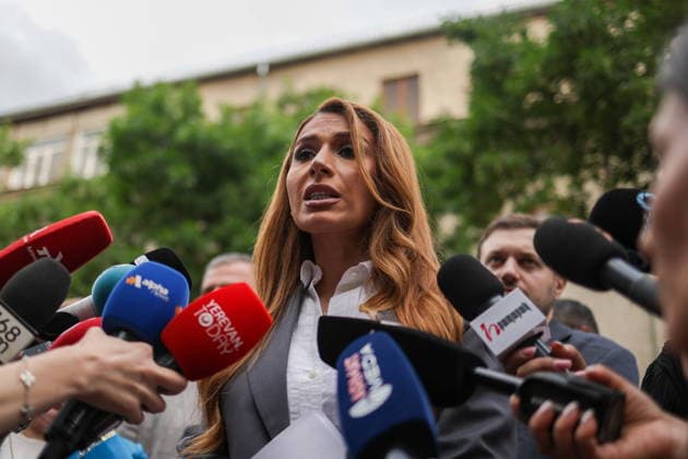 ARMENIA, YEREVAN - JUNE 14, 2026: Strong Armenia Party member Gohar Meloyan talks to journalists outside the offices of the Central Electoral Commission of Armenia during the announcement of the results of the 2026 Armenian parliamentary election. Alexander Patrin TASS  93811244