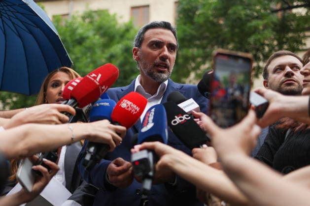 ARMENIA, YEREVAN - JUNE 14, 2026: Lawyer Aram Vardevanyan talks to journalists outside the offices of the Central Electoral Commission of Armenia during the announcement of the results of the 2026 Armenian parliamentary election. Alexander Patrin TASS  93811143