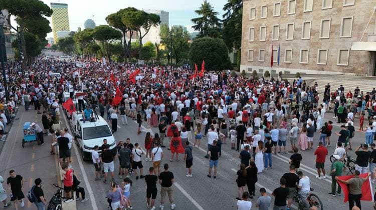Protests against Zvernec tourism project in Albania continue on 15th day TIRANA, ALBANIA - JUNE 14: An aerial view of the area as protesters carrying Albanian flags march towards the Prime Ministry building along the Nation s Martyrs Boulevard (Bulevardi Deshmoret e Kombit) during a demonstration against a luxury tourism project in Zvernec linked to Ivanka Trump and Jared Kushner, on the 15th day of protests in Tirana, Albania on June 14, 2026. Olsi Shehu Anadolu Tirana Albania. Editorial use only. Please get in touch for any other usage.  Copyright: x2026xAnadoluxOlsixShehux