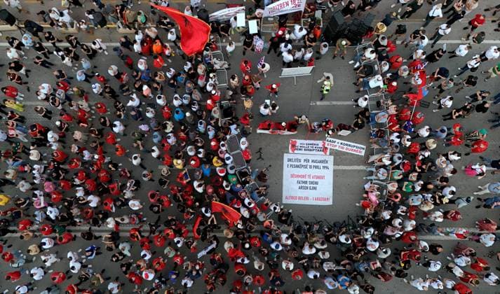 Protests against Zvernec tourism project in Albania continue on 15th day TIRANA, ALBANIA - JUNE 14: An aerial view of the area as protesters carrying Albanian flags march towards the Prime Ministry building along the Nation s Martyrs Boulevard (Bulevardi Deshmoret e Kombit) during a demonstration against a luxury tourism project in Zvernec linked to Ivanka Trump and Jared Kushner, on the 15th day of protests in Tirana, Albania on June 14, 2026. Olsi Shehu Anadolu Tirana Albania. Editorial use only. Please get in touch for any other usage.  Copyright: x2026xAnadoluxOlsixShehux