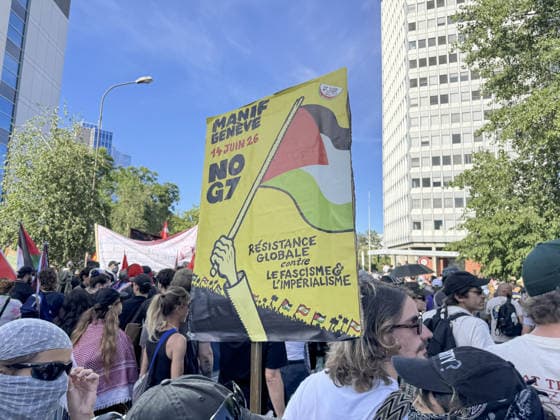 Anti-G7 Protest in Geneva GENEVA, SWITZERLAND - JUNE 14: Demonstrators stage a protest against the G7 Summit in Geneva, Switzerland on June 14, 2026. Tens of thousands of people gathered at Mon Repos Park to protest the upcoming G7 Summit in France, marching through the city center and along Lake Geneva. Many participants carried Palestinian flags, chanting slogans against the G7 and expressing support for Palestine in response to the intense Israeli attacks and blockade in Gaza. What began as a peaceful demonstration ended with police using tear gas to disperse the crowd near Mon Repos Park. Muhammet Ikbal Arslan Anadolu Geneva Switzerland. Editorial use only. Please get in touch for any other usage.  Copyright: x2026xAnadoluxMuhammetxIkbalxArslanx