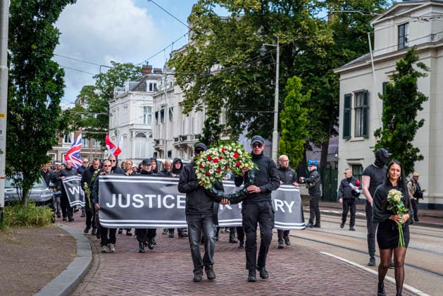 June 14, 2026, Den Haag, South Holland, Netherlands: Den Haag, 14 June 2026. Around 50 far-right demonstrators gathered on Burgemeester Patijnlaan for a memorial march for Henry Nowak (18, British Polish university student). Nowak was killed on 3 December 2025 by Vickrum Singh Digwa in Southampton, England. The march ended at the Embassy of Great Britain, where demonstrators laid a wreath and flowers, and held banners saying Ã¢â‚¬oeJustice for HenryÃ¢â‚¬Â and Ã¢â‚¬oeWhite Lives MatterÃ¢ Den Haag Netherlands  - ZUMAp202 20260614_zip_p202_006 Copyright: xJamesxPetermeierx