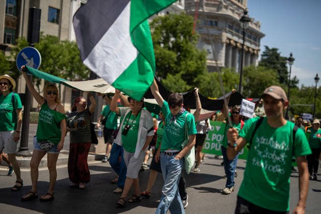 Demonstration in support of public education in Madrid, Spain - 14 Jun 2026 Protesters carry a Palestinian flag during a demonstration. Protesters stage a demonstration in support of public education in Madrid, organized by the trade unions Workers Commissions (CCOO), General Union of Workers (UGT), and the Confederation of Parents Associations, AFAS, and FAMPAS of the Community of Madrid (Confapa). Madrid Spain Copyright: xDavidxCanalesx xSOPAxImagesx DCOTANNO260614-20