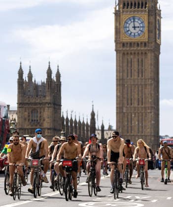 June 14, 2026, London, England, United Kingdom: Naked cyclists ride through Westminster during the annual World Naked Bike Ride, demanding greater respect for cyclists and protesting air pollution. London United Kingdom  - ZUMAs262 20260614_zip_s262_022 Copyright: xTayfunxSalcix