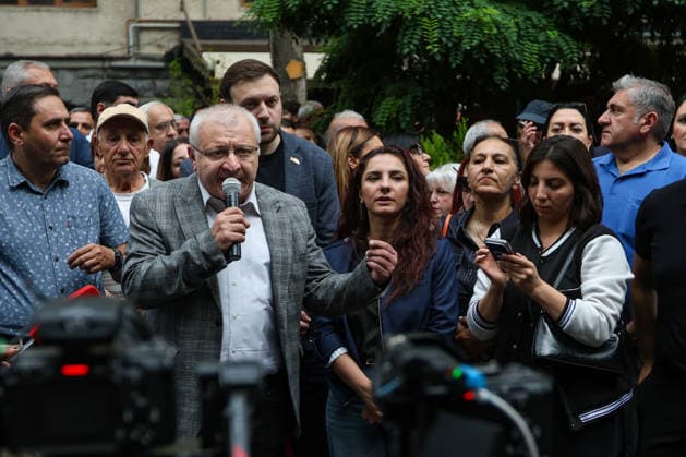 Armenian Protest Against Elections Results in Yerevan - 14 Jun 2026 Prosperous Armenia Party candidate Suren Surenyants talks to the crowd of protestors during the rally. Armenia’s Central Election Commission (CEC) has certified the results of the June 7 parliamentary elections, confirming that Prime Minister Nikol Pashinyan’s Civil Contract party secured 49.74% of the vote, enough to form a government independently without coalition partners. The Prosperous Armenia party, led by billionaire Gagik Tsarukyan, narrowly failed to clear the 4% parliamentary threshold and called on its supporters to gather outside the CEC building in protest. Opposition, rejecting the outcome as illegitimate, addressed crowds demanding a rerun of the vote. Yerev Copyright: xYanxKhachkox xSOPAxImagesx KHA_0120-2