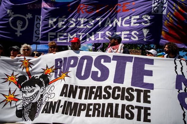 Manifestation contre le sommet du G7 à Genève le 14 juin 2026 Nicolas Liponne MAXPPP Geneve 14 06 2026 A banner at the head of the feminist march during the international demonstration against fascism, capitalism, and imperialism, as part of the mobilization for the G7 counter summit, which will take place in Evian from June 15 to 17, à Genève le 14 juin 2026 A banner at the head of the feminist march during the international demonstration against fascism, capitalism, and imperialism, as part of the mobilization for the G7 counter summit, which will take place in Évian from June 15 to 17, in Geneva on June 14, 2026 Geneve Geneve SUISSE  Copyright: xMAXPPPxNicolasxLiponnex NLP202606152281 NLP202606152281